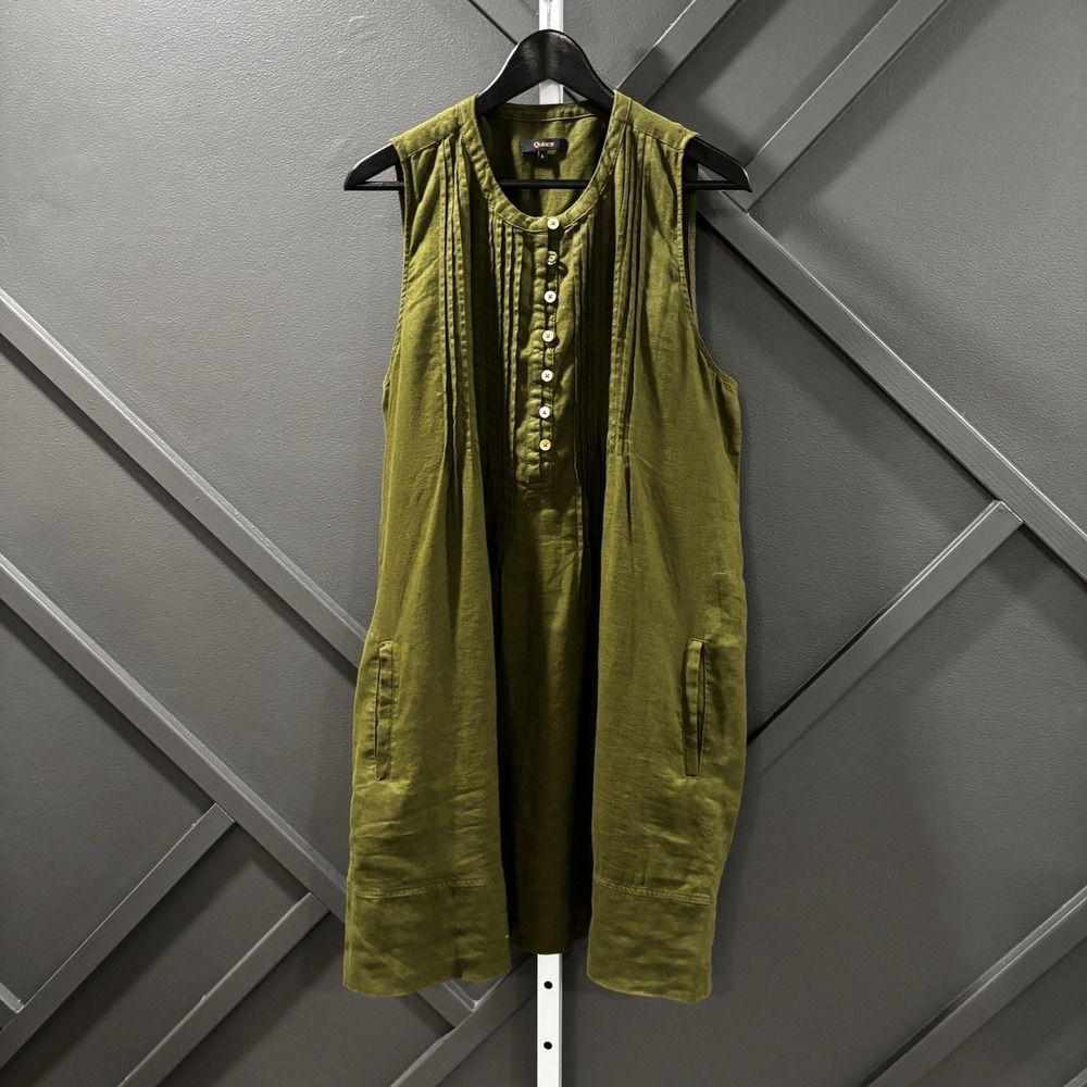 Quince 100% European Linen Sleeveless Swing Dress Martini Olive Womens Size L